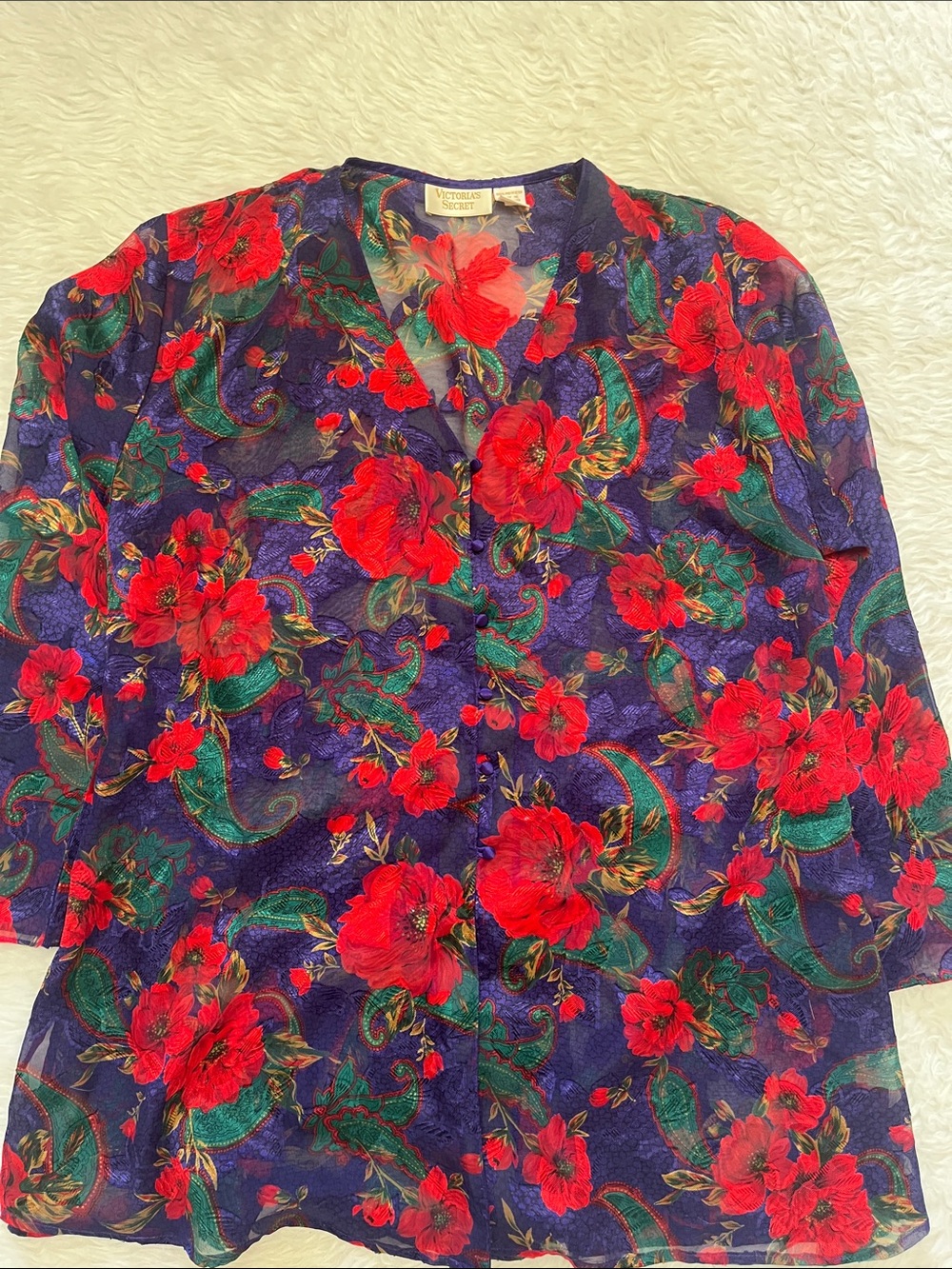Vintage gold label Victoria's Secret Red Floral Button-Up Pajama Top